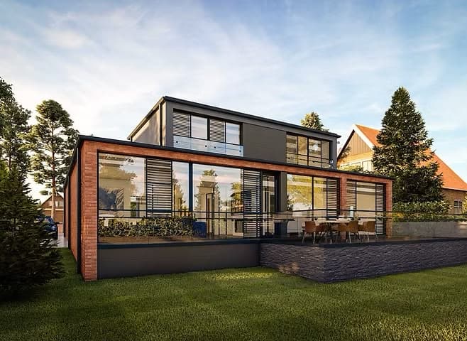 Modern new build house with brick and contemporary cladding