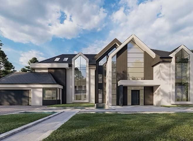 Contemporary house with dark tiled roofing and gabled design