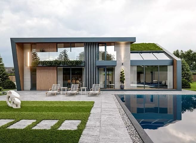 Modern home extension with patio and pool area