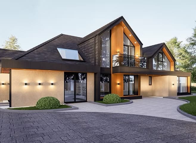 House with loft-level glazing and skylight detailing
